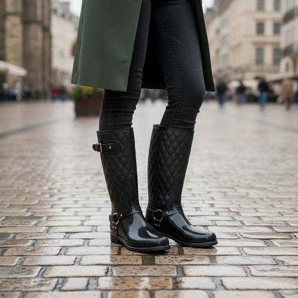 Stuart Weitzman Black Leather & Rubber Stirrup Rain Boots Size 39 (Size 8.5) - Picture 4 of 16